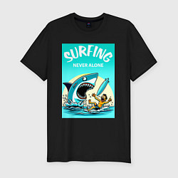 Футболка slim-fit Surfing never alone - shark and surfer, цвет: черный