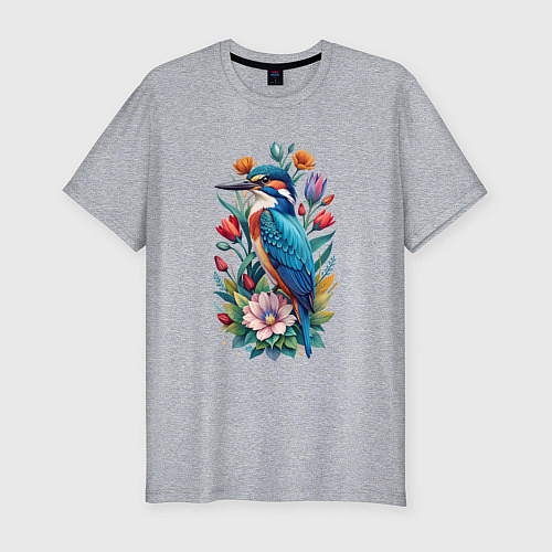 Мужская slim-футболка Птица зимородок среди цветов / Меланж – фото 1