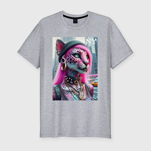 Мужская slim-футболка Панк девушка-леопард в татухах в Нью-Йорке / Меланж – фото 1
