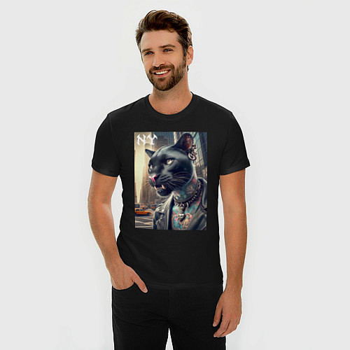 Мужская slim-футболка Cool dude panther from New York - ai art / Черный – фото 3