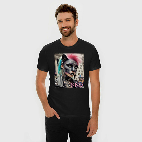 Мужская slim-футболка Девушка кошка - панк не умер / Черный – фото 3