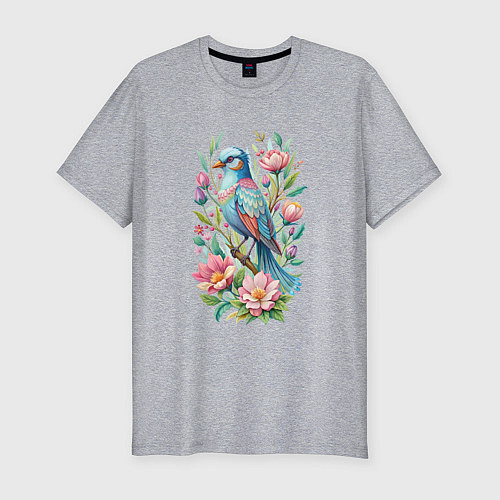 Мужская slim-футболка Красивая голубая птица среди цветов / Меланж – фото 1