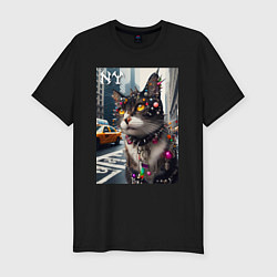 Футболка slim-fit Пирсинг Нью-Йоркского кота - нейросеть, цвет: черный