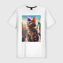 Футболка slim-fit Funny cat punk from New York - ai art, цвет: белый