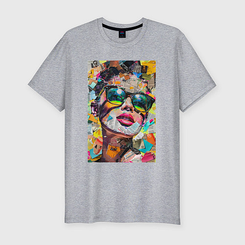 Мужская slim-футболка Лицо девушки из обрезков газет и журналов / Меланж – фото 1