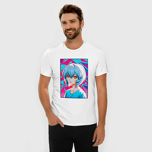 Мужская slim-футболка Аянами Рей аниме девушка с короткими волосами / Белый – фото 3