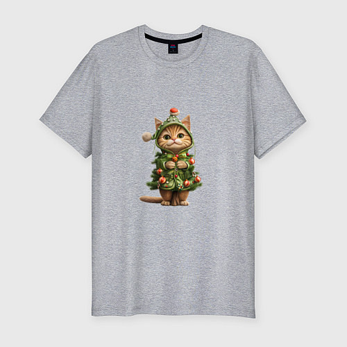 Мужская slim-футболка Кот в костюме новогодней елки / Меланж – фото 1