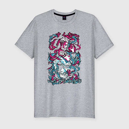 Мужская slim-футболка Магическая битва Итадори х Сукуна неон / Меланж – фото 1