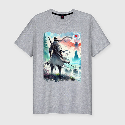Мужская slim-футболка Warrior samurai - ai art watercolor / Меланж – фото 1