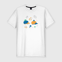 Футболка slim-fit Ежики в лесу с веточками и грибами, цвет: белый