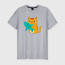 Футболка slim-fit Рыжий котик с рыбкой, цвет: меланж