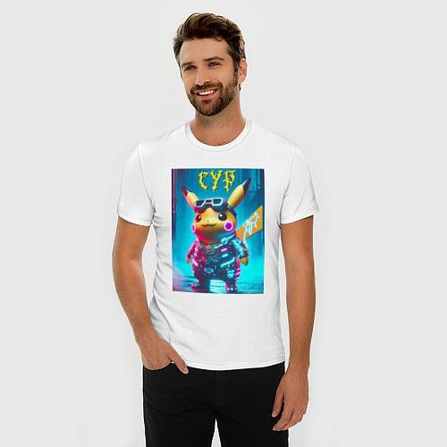 Мужская slim-футболка Cyber Pikachu - ai art fantasy / Белый – фото 3