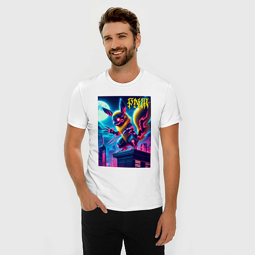 Мужская slim-футболка Ужасный Пикачу на крыше небоскрёба - хэллоуин / Белый – фото 3