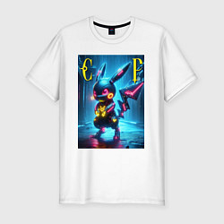Футболка slim-fit Cyber Pikachu - neon glow ai art, цвет: белый