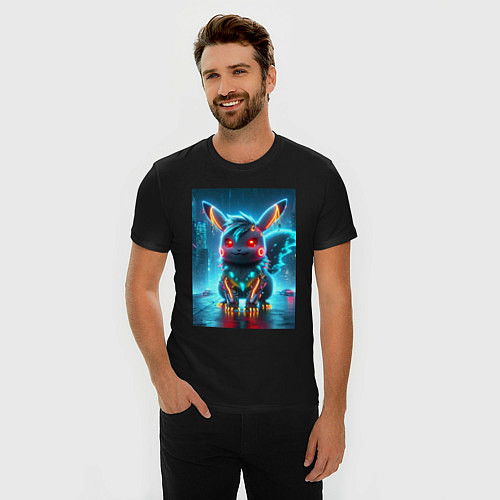 Мужская slim-футболка Cyber Pikachu in the neon metropolis - ai art / Черный – фото 3