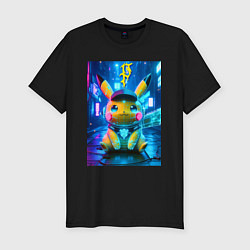 Футболка slim-fit Funny neon Pikachu под энергетическим барьером - a, цвет: черный