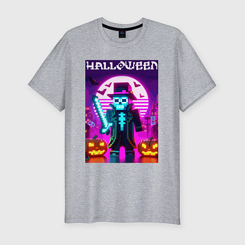 Мужская slim-футболка Скелет в шляпе с мечом - Майнкрафт / Меланж – фото 1