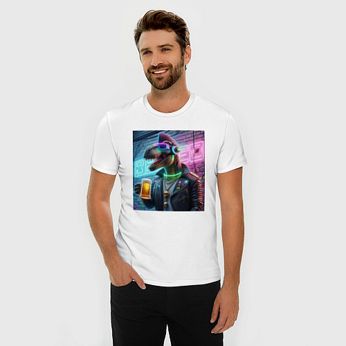 Мужская slim-футболка Dinosaur dude with a beer mug wearing headphones a / Белый – фото 3