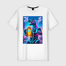 Футболка slim-fit Neon beersaur in metropolis - ai art fantasy, цвет: белый