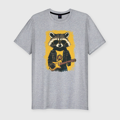 Мужская slim-футболка Енот рокер играет на гитаре / Меланж – фото 1