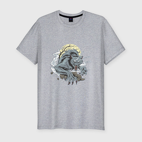 Мужская slim-футболка Оборотень волк при луне / Меланж – фото 1