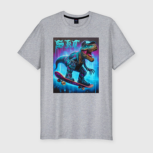 Мужская slim-футболка Dude tyrannosaur on a skateboard - ai art / Меланж – фото 1