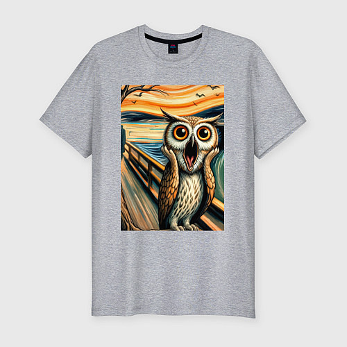 Мужская slim-футболка Сова кричит на картине Эдварда Мунка - нейроарт / Меланж – фото 1