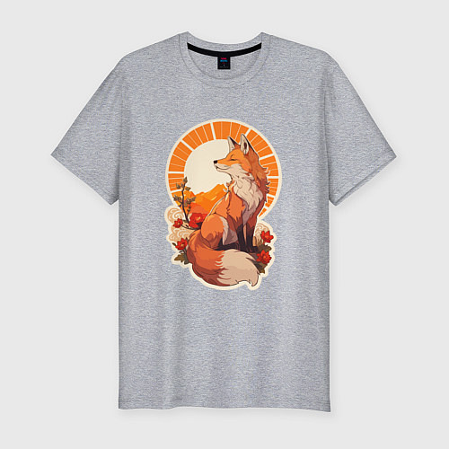Мужская slim-футболка Лиса и солнце в японском стиле / Меланж – фото 1