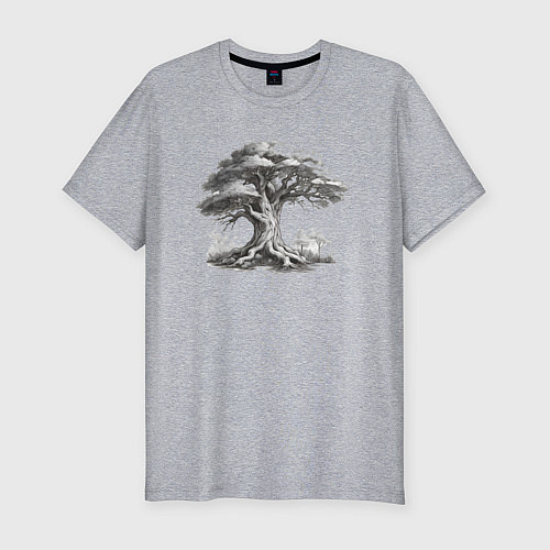 Мужская slim-футболка Дерево скетч черно-белый / Меланж – фото 1