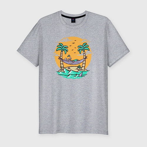 Мужская slim-футболка Скелет чилит на острове / Меланж – фото 1
