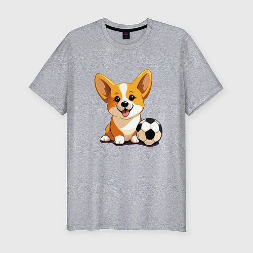 Мужская slim-футболка Корги с футбольным мячом / Меланж – фото 1