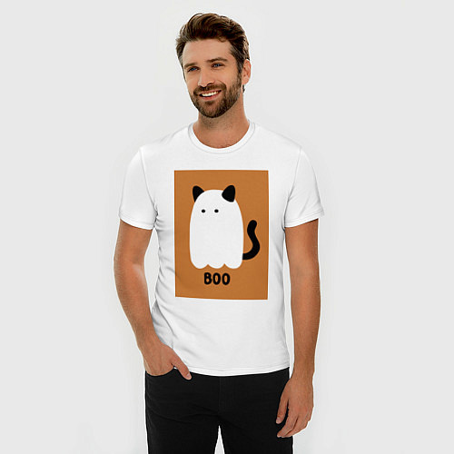 Мужская slim-футболка Котик-призрак на хэллоуин / Белый – фото 3