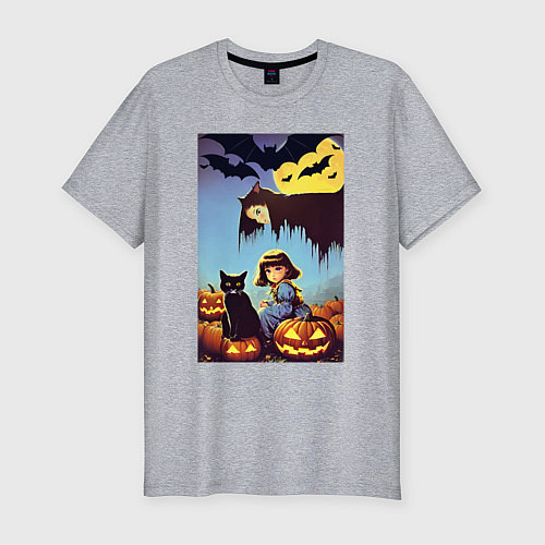 Мужская slim-футболка Ведьма зависла над девочкой и котом / Меланж – фото 1