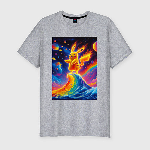 Мужская slim-футболка Огненный Пикачу на волне - нейроарт фантазия / Меланж – фото 1