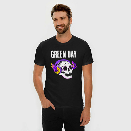 Мужская slim-футболка Green Day - неоновый череп / Черный – фото 3