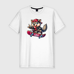 Футболка slim-fit Волчонок крутой скейтбордист - нейроарт, цвет: белый