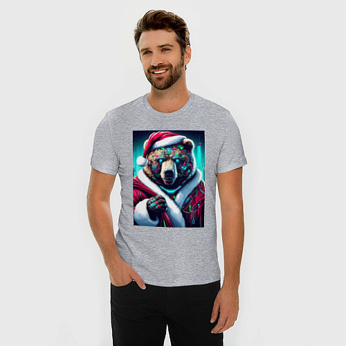 Мужская slim-футболка Cyber bear - Santa Claus / Меланж – фото 3