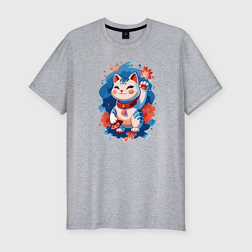 Мужская slim-футболка Манеки Неко, белая кошка удачи с цветами / Меланж – фото 1