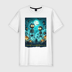 Мужская slim-футболка Rick and Morty skeletons - happy halloween