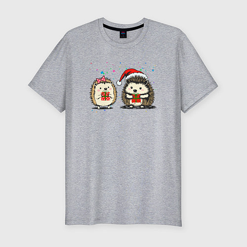 Мужская slim-футболка Новогодние ежики с подарками / Меланж – фото 1