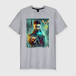 Футболка slim-fit Harry Potter with a magic wand - ai art fantasy, цвет: меланж