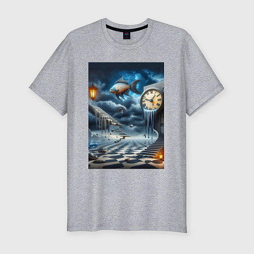 Мужская slim-футболка Психоделический пейзаж с часами и рыбой / Меланж – фото 1