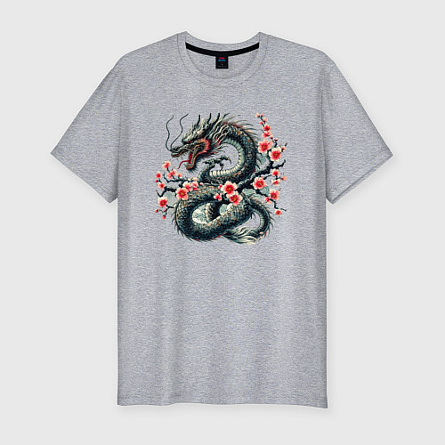 Мужская slim-футболка Japanese dragon and sakura - irezumi / Меланж – фото 1