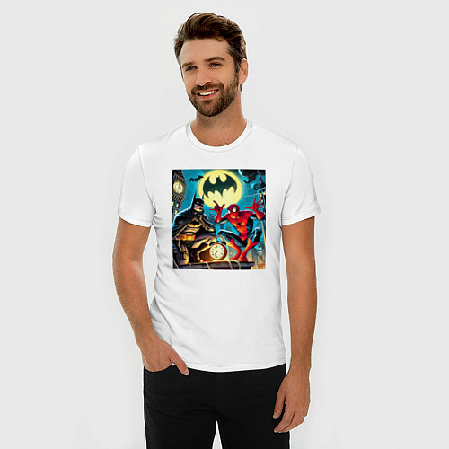 Мужская slim-футболка Batman with Spider-man - ai art fantasy / Белый – фото 3