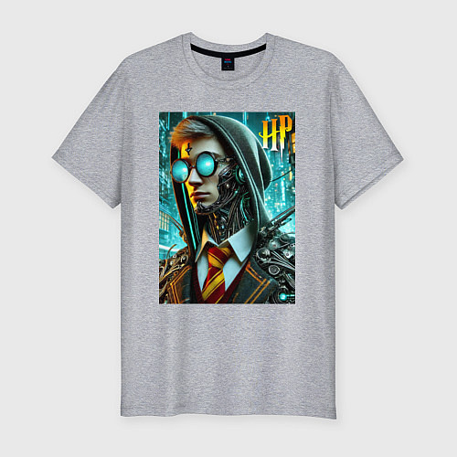 Мужская slim-футболка Cyber Harry Potter - ai art fantasy / Меланж – фото 1