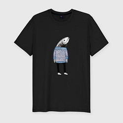 Футболка slim-fit Рыба в свитере - нейросеть, цвет: черный