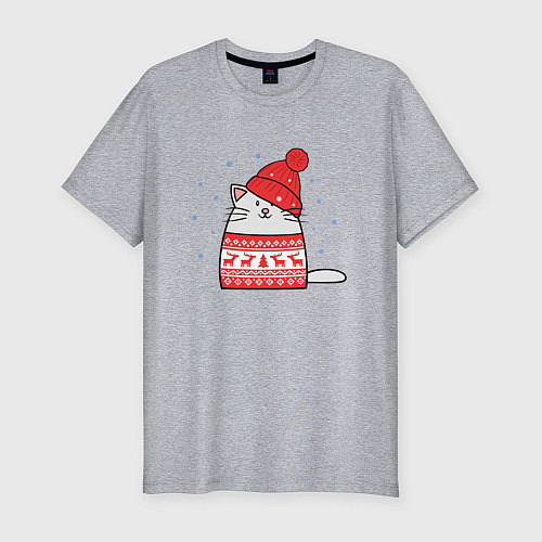 Мужская slim-футболка Кот в свитере с оленями и красной шапке / Меланж – фото 1
