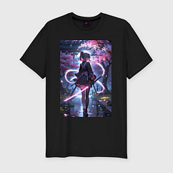 Футболка slim-fit Девушка с катаной на фоне цветущей сакуры, цвет: черный
