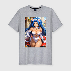 Футболка slim-fit Фелиция сидит на капоте машины, цвет: меланж