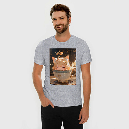 Мужская slim-футболка Кошечка с короной в чашке / Меланж – фото 3